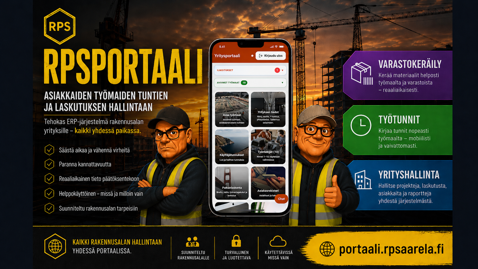 RPS Portaali — asiakkaat, työmaat, tunnit, laskutus, dokumentit ja raportointi yhdessä portaalissa